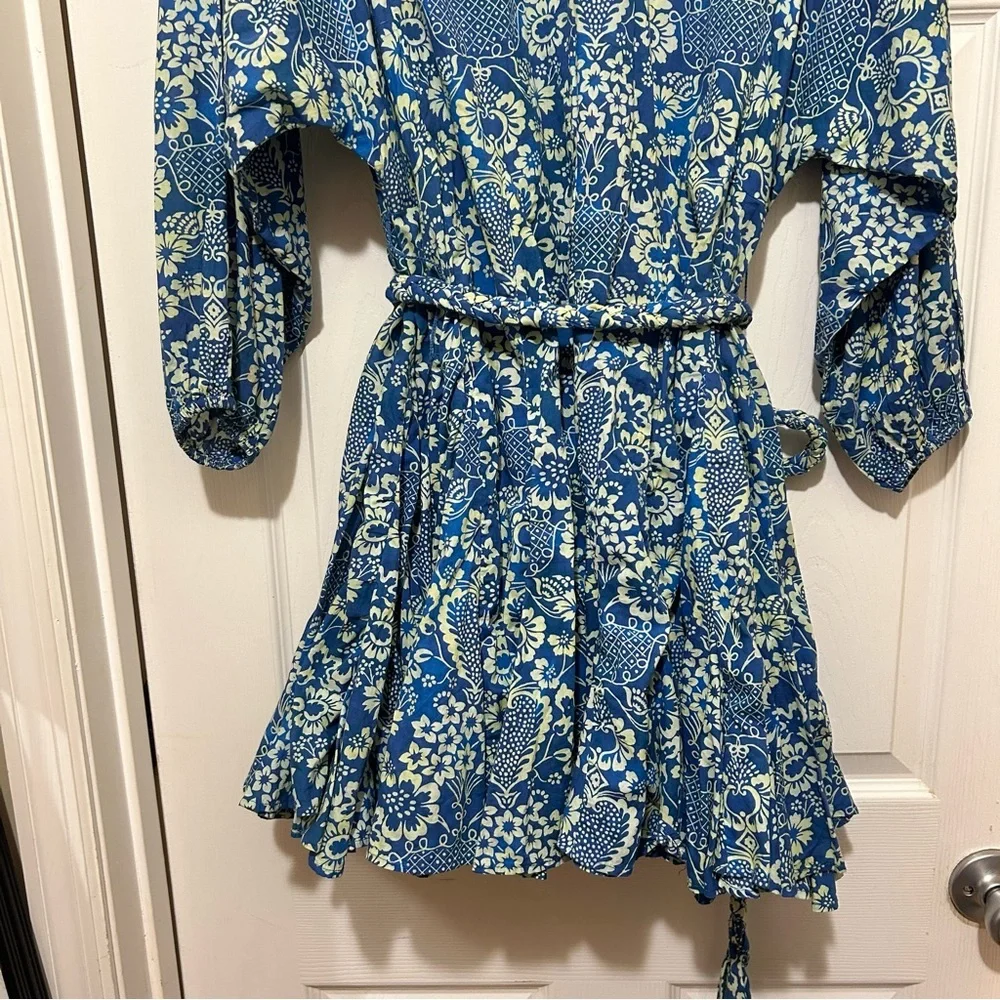 RHODE Floral Print Dress Blue Cream Feminine Ruffle Cotton Beach Vacation Sz Med - Picture 16 of 16